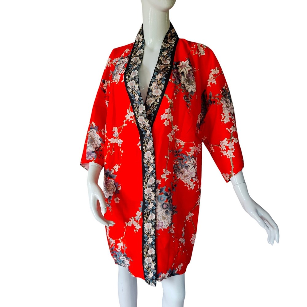 Vintage Japanese Silk Haori Jacket Kimono Cherry Blossom Red Floral MINT